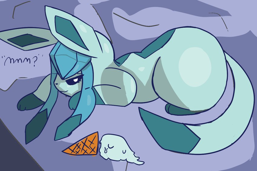 bed bedding bedroom_eyes blanket blue_body blue_fur dessert female feral food fur furniture hair ice_cream ice_cream_cone inside long_hair looking_at_viewer melting_ice_cream narrowed_eyes on_bed seductive solo thick_thighs waking_up wide_hips pvzheroesnewupdate nintendo pokemon eeveelution generation_4_pokemon glaceon mammal pokemon_(species)