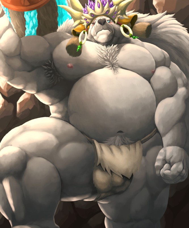 anthro armpit_hair asian_clothing balls_outline belly biped black_nose blue_eyes blush body_hair bulge chest_hair clothed clothing crown detailed_bulge east_asian_clothing facial_scar fist frown fundoshi fur genital_outline headgear humanoid_hands japanese_clothing jewelry male moobs musclegut muscular muscular_anthro muscular_male navel nipples one_eye_closed overweight overweight_anthro overweight_male pubes scar skimpy solo underwear white_body white_fur dendoro sdorica crushfang_(sdorica_sunset) bear mammal polar_bear ursine 2019 5:6 hi_res