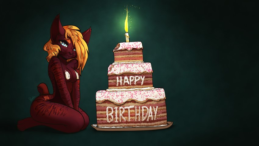 anthro birthday_cake blue_eyes bodily_fluids breasts butt cake cake_on_breasts dessert female food fur hair happy_birthday kneeling looking_at_viewer membrane_(anatomy) membranous_wings nude orange_hair red_body saliva simple_background solo stripes tail text wings feretta solaris_(jaggedkat) bat felid feline hybrid lynx mammal 16:9 2019 hi_res widescreen