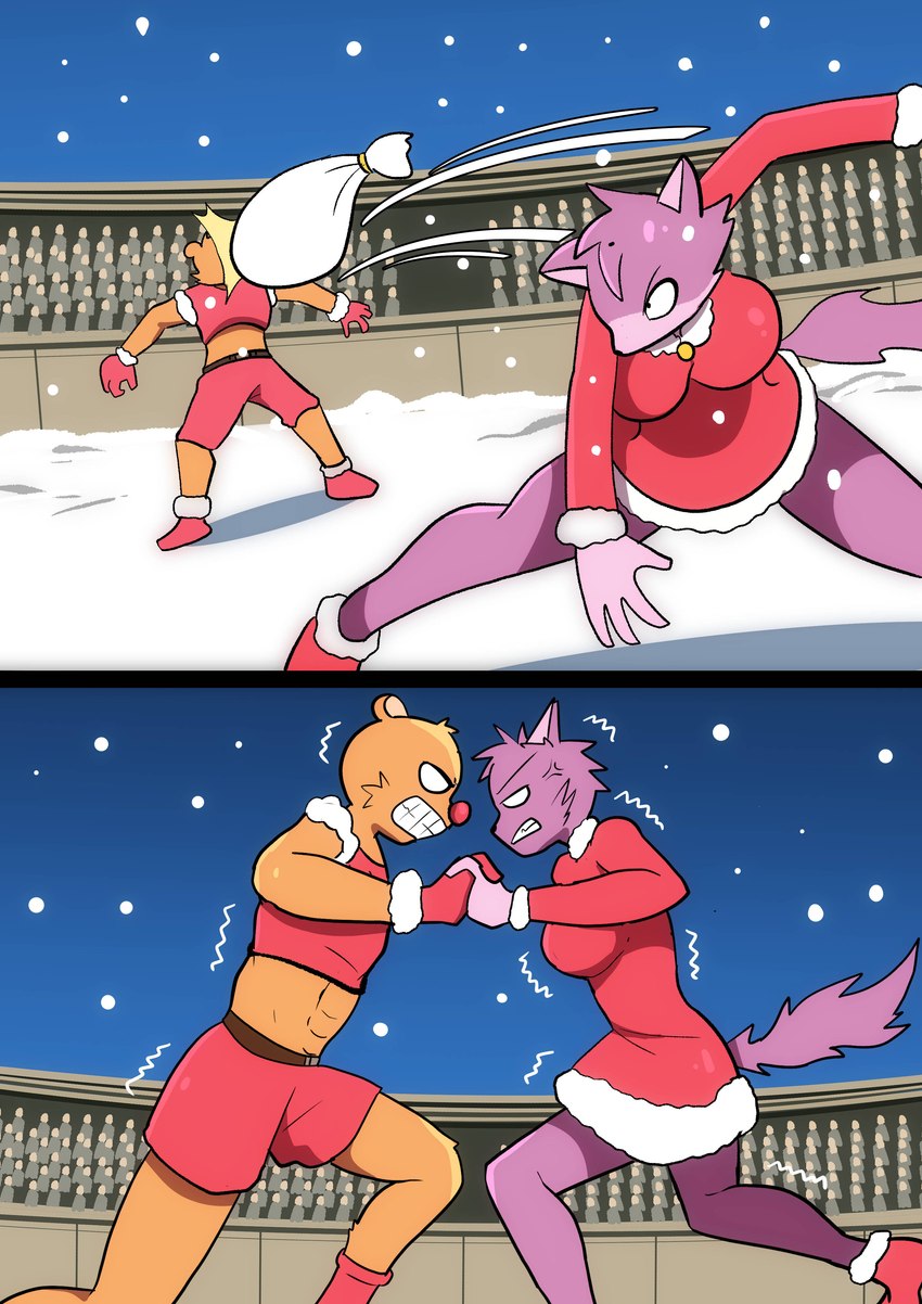 anthro arena christmas_clothing clothing crowd duo female fight group holidays male red_nosed snow snowing struggling throwing_object bluebirdoasis christmas artemis_(bluebirdoasis) goliath_(bluebirdoasis) bear canid canine canis mammal wolf absurd_res comic hi_res