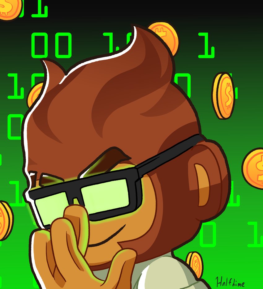 anime_glasses anthro brown_body brown_fur brown_hair clothing eyebrow_slit eyebrows eyewear eyewear_on_head fur glasses glasses_on_head glowing_glasses green_clothing green_shirt green_topwear hair humor male shirt smile smirk solo topwear half_dime bloons_tower_defense ninja_kiwi benjamin_(bloons) haplorhine mammal monkey primate hi_res meme