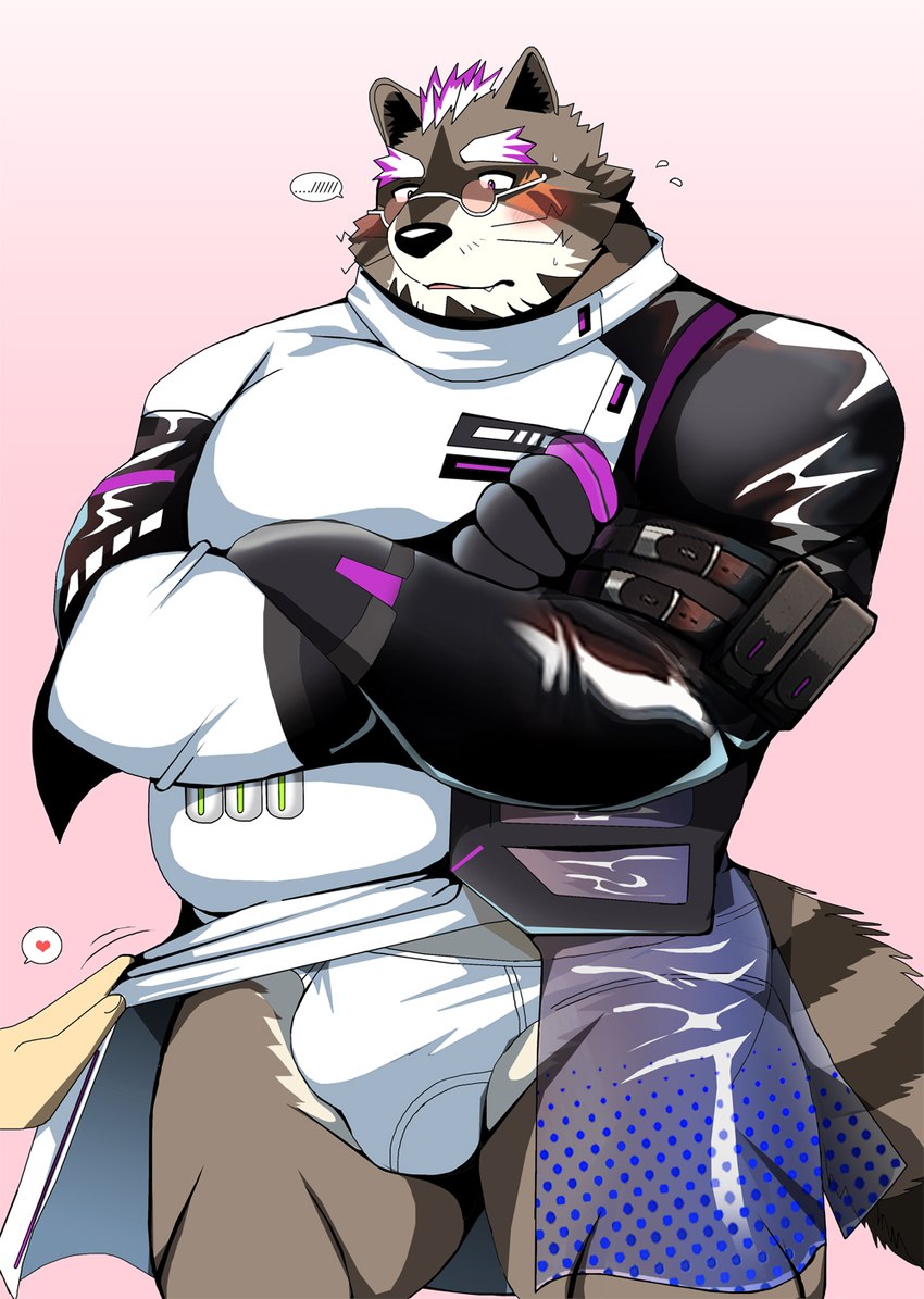 anthro blush bulge clothing detailed_bulge duo eyewear glasses heart_symbol kemono male overweight overweight_male simple_background solo_focus underwear bearlovestiger13 lifewonders live_a_hero viscunam mammal procyonid raccoon 2022 hi_res