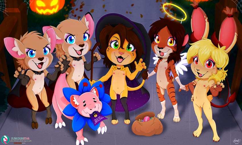 4_fingers angel_costume anthro bag blonde_hair blue_eyes blush breasts brown_body brown_fur brown_hair butt candy casual_nudity clothed clothing demon_costume dessert detailed_background fangs female fingers flat_chested food fur genitals grass green_eyes group hair happy holidays hooves jack-o'-lantern loli narrowed_eyes night orange_body orange_fur outside partially_clothed plant public public_nudity pussy red_eyes small_breasts spider_web tail teeth text tongue vampire_costume witch_costume yellow_body yellow_eyes yellow_fur young young_anthro piporete halloween akemi_(piporete) kaiti_(piporete) katy_(piporete) keiko_sakmat minami_(piporete) zoe_heartfields cervine deer felid feline lagomorph leporid lion mammal pantherine prehistoric_species rabbit saber-toothed_tiger spiger_(piporete) unknown_species 2023 5:3 absurd_res digital_drawing_(artwork) digital_media_(artwork) english_text hi_res signature url sibling_(lore) sister_(lore) sisters_(lore) twins_(lore)