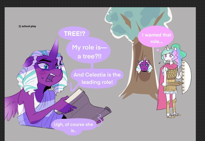 anthro anthrofied blue_eyes clothing costume dress female hair horn melee_weapon plant playing ponytail purple_eyes scroll shield sword text tree weapon wings aztrial friendship_is_magic hasbro mlp_g5 my_little_pony mythology opaline_(mlp) princess_celestia_(mlp) equid equine mammal mythological_creature mythological_equine winged_unicorn english_text hi_res