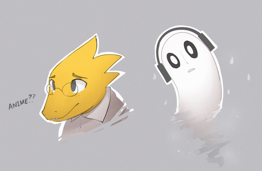ambiguous_gender anthro black_sclera clothed clothed_anthro clothing coat electronics eyewear glasses grey_background headphones lab_coat question_mark simple_background solo topwear wearing_glasses white_body yellow_body notglacier undertale undertale_(series) alphys napstablook ghost reptile scalie spirit 2015 bust_portrait digital_drawing_(artwork) digital_media_(artwork) english_description hi_res portrait female_(lore)