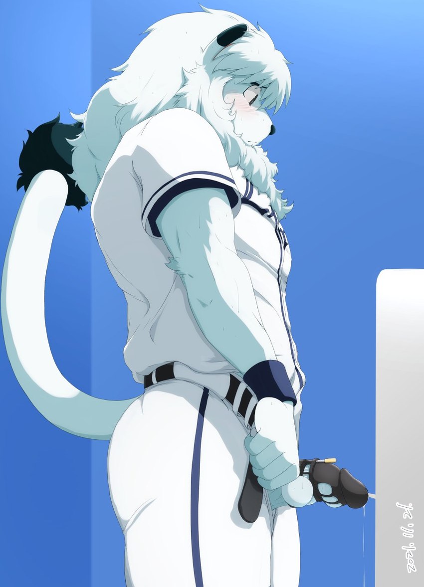 anthro arm_tuft balls baseball_uniform belt black_chastity_cage black_eyes black_nose black_tail blush bodily_fluids bottomwear chastity_cage chastity_device clothed clothing elbow_tuft erection fur fur_tuft genital_fluids genitals hair lock looking_down male male_peeing mane mane_hair mascot multicolored_body multicolored_fur padlock pants partially_clothed peeing peeing_through_chastity peeing_while_erect penis public shirt side_view solo sportswear standing strained tail tail_tuft topwear tuft two_tone_body two_tone_fur two_tone_tail uniform urinal urine urine_stream white_body white_bottomwear white_clothing white_fur white_hair white_mane white_pants white_shirt white_tail white_topwear chirasgi nippon_professional_baseball saitama_seibu_lions leo_(saitama_seibu_lions) felid lion mammal pantherine 2021 dated hi_res