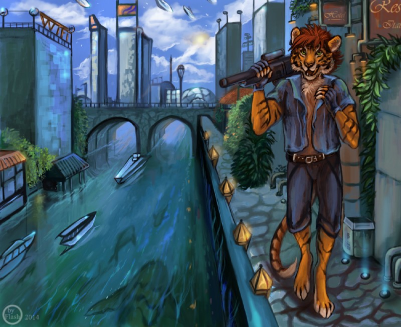 4_toes 5_fingers anthro barefoot biped canal detailed_background feet fingers fur gun hair male open_mouth ranged_weapon solo stripes teeth toes weapon flashw felid mammal pantherine tiger 2014 digital_media_(artwork) digital_painting_(artwork)