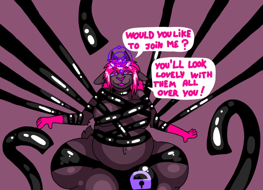 bdsm belly big_belly big_butt bondage bondage_gear bound bulge butt clothing dialogue hair horn huge_belly huge_butt huge_thighs hyper hyper_belly hyper_butt hyper_thighs latex latex_clothing looking_at_viewer male navel null_bulge occult_symbol pentagram pink_hair smile solo speech_bubble symbol tail talking_to_viewer tentacles text thick_thighs malgluor humrear_(malgluor) bovid caprine demon mammal sheep english_text