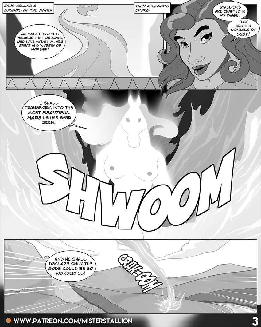 anthro breasts cloud dialogue female fire hair instant_transformation mountain nipples outside patreon_logo river solo sound_effects species_transformation speech_bubble text transformation water misterstallion european_mythology greek_mythology mythology patreon aphrodite equid equine horse mammal 4:5 comic english_text greyscale hi_res monochrome url