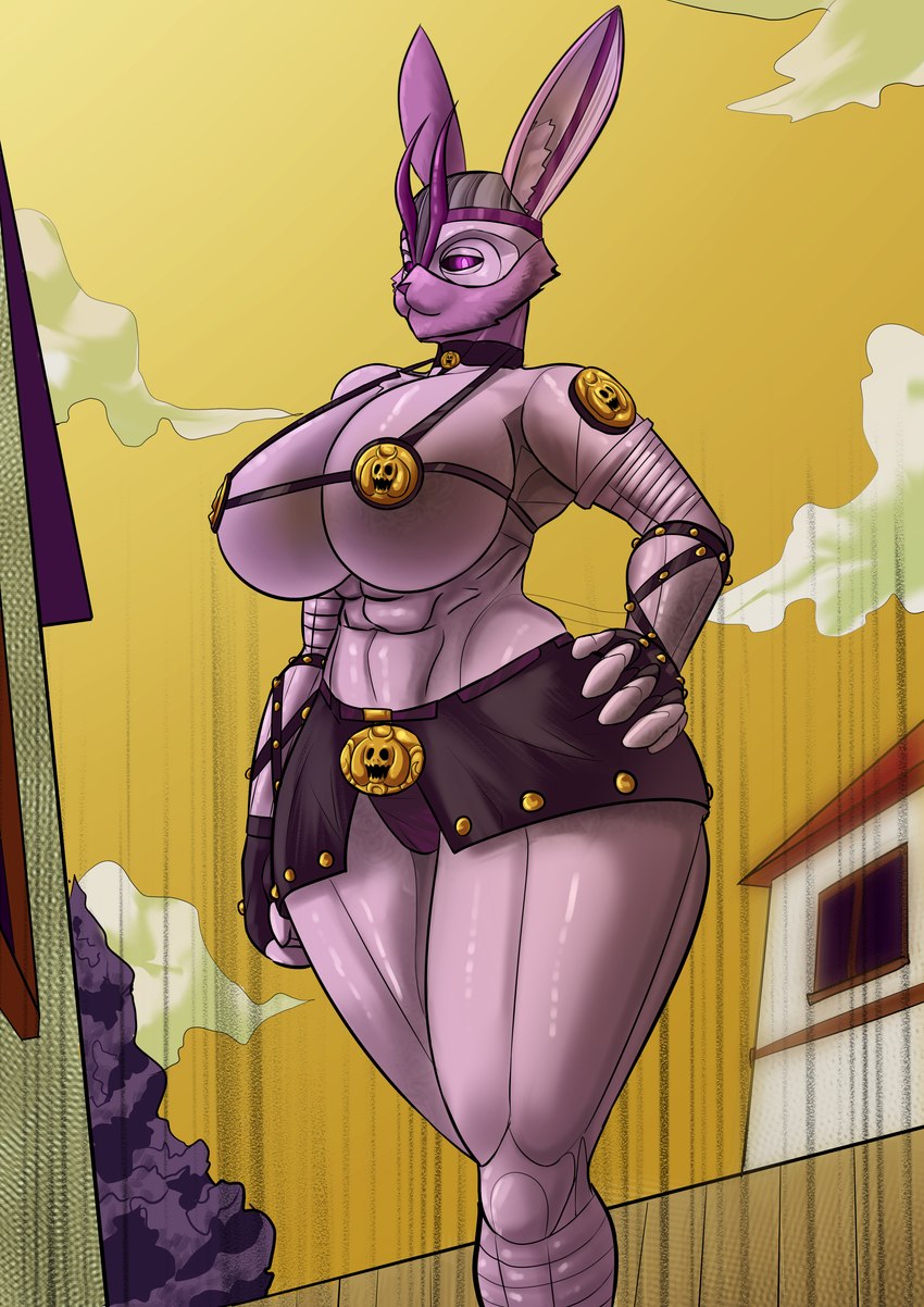 accessory anthro bdsm big_breasts big_butt breasts butt clothed clothing curvy_female curvy_figure evil_face female fur hair huge_breasts looking_at_viewer muscular muscular_female panties partially_clothed pink_body pink_hair ribbons size_difference solo thick_thighs underwear artdemonslair jojo's_bizarre_adventure meme_clothing killer_queen nicole_dh_(character) humanoid lagomorph leporid mammal rabbit absurd_res hi_res meme