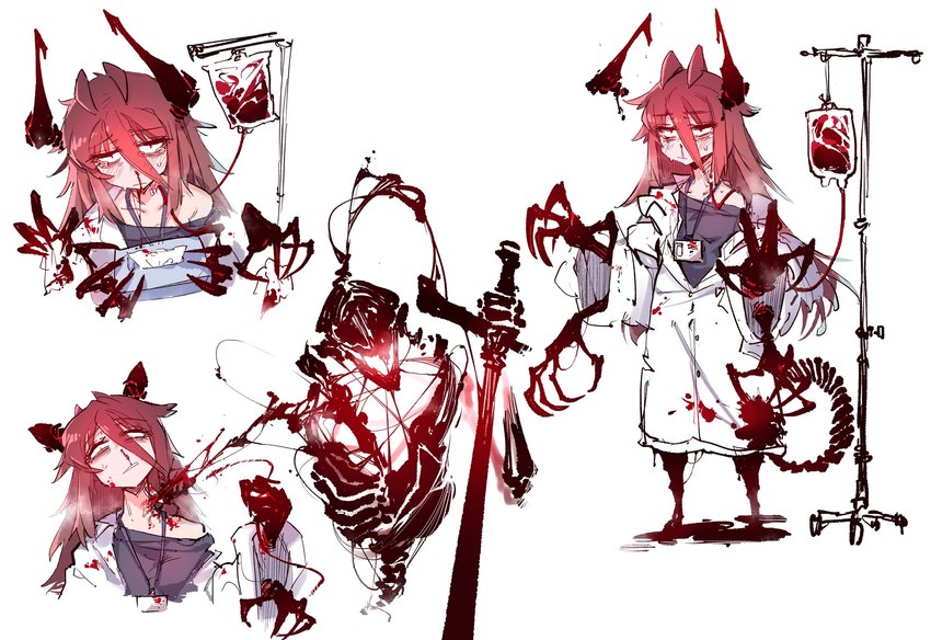 blood blood_bag blood_on_clothing blood_on_ground bodily_fluids clothed clothing female gore horn monster_girl_(genre) multi_arm multi_limb nosebleed not_furry scrubs solo tissue_box karasu_chan humanoid hi_res