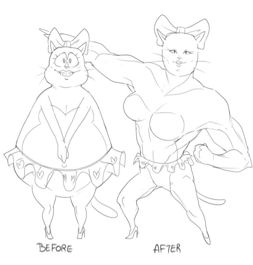 accessory after_transformation anthro before_and_after bent_arm big_breasts big_chest big_eyes big_muscles biped black_text blush blush_lines bottomwear bow_(feature) bow_ribbon breasts clothed clothing extended_arm eyelashes featureless_breasts featureless_crotch female fingers fist footwear front_view growth hair_accessory hair_bow hair_ribbon hands_together heart_print heart_symbol high_heels lipstick long_eyelashes long_whiskers looking_at_viewer makeup microskirt miniskirt muscle_growth muscular muscular_anthro muscular_arms muscular_female muscular_thighs navel obese obese_anthro obese_female overweight overweight_anthro overweight_female pointy_ears pose prick_ears print_bottomwear print_clothing print_microskirt print_miniskirt print_skirt ribbons shoes skirt small_nose smile smiling_at_viewer solo standing straight_legs tail text thick_neck top_heavy topless topless_anthro topless_female whiskers white_heart dbaru eek!_the_cat annabelle_(eek!_the_cat) domestic_cat felid feline felis mammal 2024 black_and_white digital_drawing_(artwork) digital_media_(artwork) english_text hi_res monochrome sketch