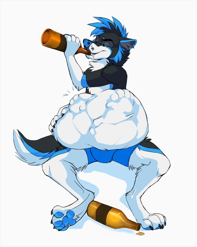 abdominal_bulge alcohol anthro beer belly beverage big_belly black_body black_fur black_hair black_nose blue_body blue_fur blue_hair blue_nose blue_pawpads bottle bottomwear bulge claws clothed clothing container digitigrade fur hair hand_on_belly male multicolored_body multicolored_fur multicolored_hair multicolored_nose pawpads shorts simple_background sitting topless vore white_background white_body white_fur silverdeni leo_(thetwfz) canid canine canis mammal wolf 4:5 hi_res