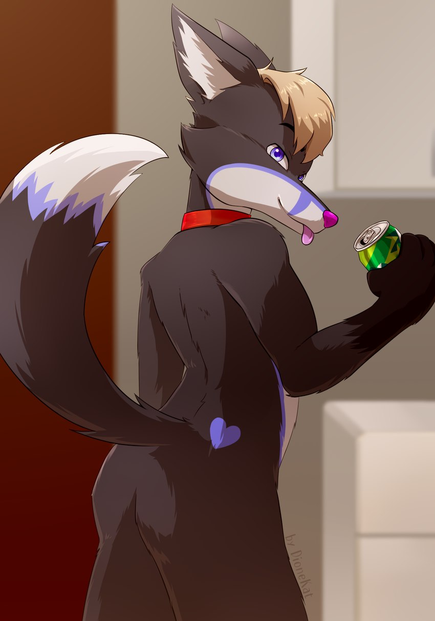 ambiguous_gender anthro bedroom_eyes beverage butt collar collar_only femboy male narrowed_eyes nude presenting presenting_hindquarters raised_tail seductive soda solo tail tongue tongue_out dionekat mountain_dew pokusa canid canine fox mammal hi_res