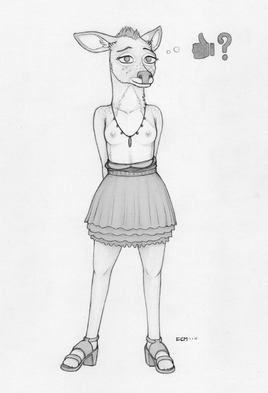 adolescent anthro areola biped bottomwear breasts clothed clothing eyelashes female footwear fur hair high_heels jewelry looking_at_viewer necklace nipples question_mark shoes simple_background skirt small_breasts smile solo standing topless white_background young ecmajor bojack_horseman netflix penny_carson deer mammal 2017 full-length_portrait greyscale hi_res monochrome portrait traditional_media_(artwork)