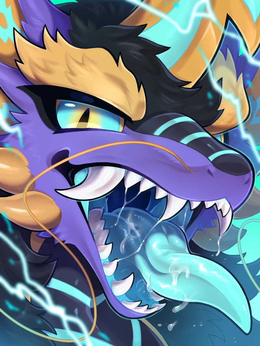 ambiguous_gender black_body blue_eyes blue_tongue bodily_fluids feral kemono looking_at_viewer mouth_shot open_mouth open_smile purple_body saliva smile solo tongue tongue_out tianhua mythology dragon eastern_dragon mythological_creature mythological_scalie scalie 2025 3:4 digital_media_(artwork) headshot_portrait hi_res portrait