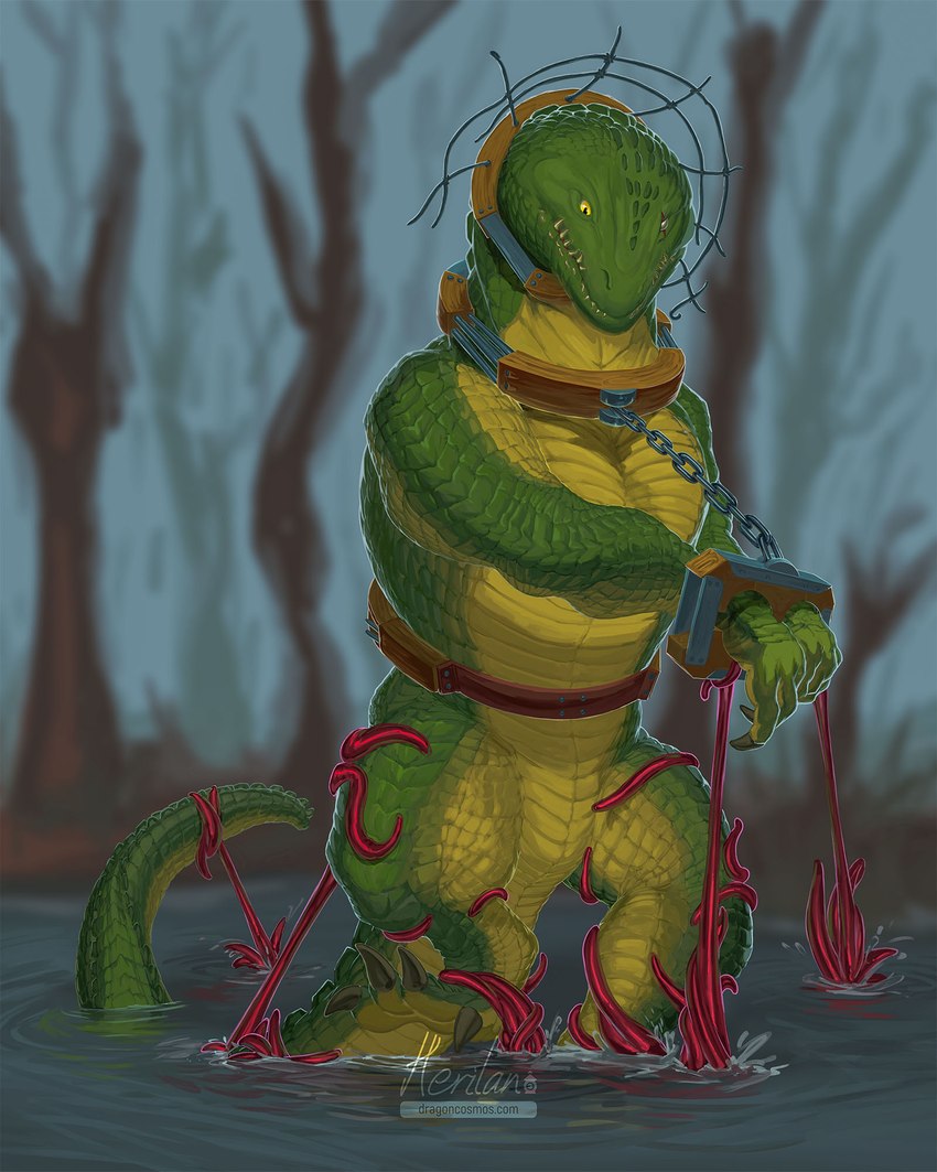 belly belt bound chain chained collar female feral green_body green_scales restrained restraints scales solo tentacles yellow_belly ericherilan hunt_showdown rotjaw alligator alligatorid crocodilian reptile scalie 4:5 hi_res