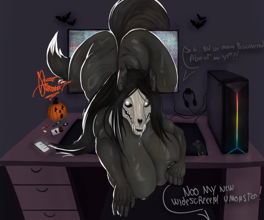 anthro bats_in_background big_breasts big_butt black_body black_fur bone breasts butt candy computer computer_mouse dark_room desk desktop dessert dialogue electronics female food fruit fur furniture glowing glowing_eyes headgear headphones headset holidays huge_breasts mousepad phone plant pumpkin skull skull_head solo table tail thick_tail thick_thighs giovannilol19 halloween scp_foundation mal0 scp-1471-a