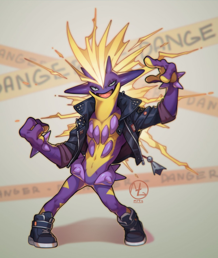 3_fingers anthro biped clothed clothing fingers footwear jacket male mostly_nude open_mouth shoes simple_background solo standing text tongue topwear maaty-s nintendo pokemon amped_toxtricity generation_8_pokemon pokemon_(species) toxtricity digital_media_(artwork) english_text hi_res