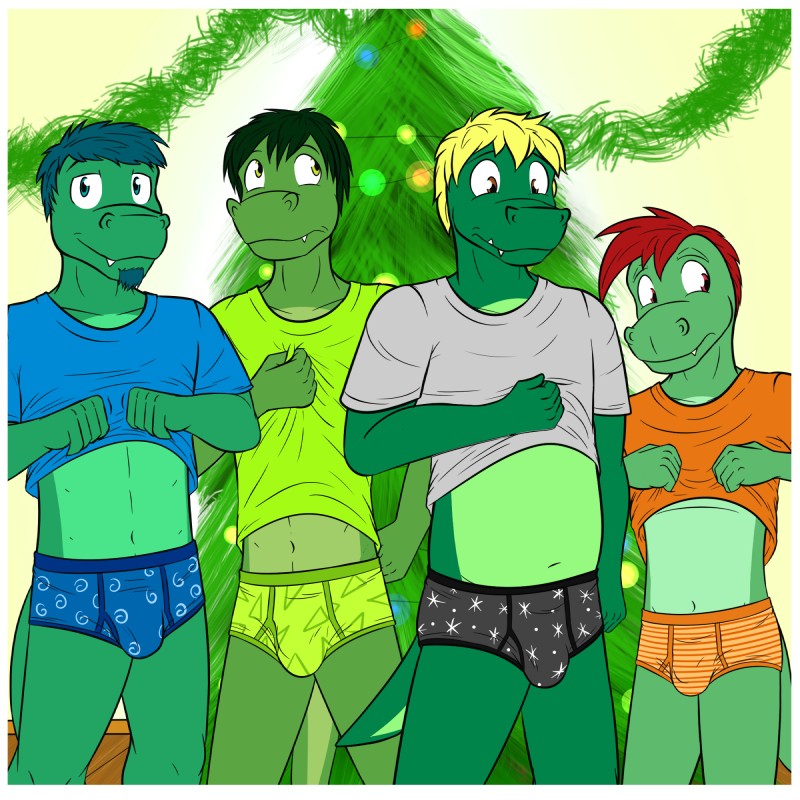 anthro black_clothing black_hair black_underwear blonde_hair blue_clothing blue_eyes blue_hair blue_shirt blue_topwear blue_underwear border briefs brown_eyes building bulge christmas_tree clothing duo green_clothing green_shirt green_topwear green_underwear grey_clothing grey_shirt grey_topwear group hair holidays inside male orange_clothing orange_shirt orange_topwear orange_underwear pattern_briefs pattern_clothing pattern_underwear plant red_eyes red_hair shirt star_print striped_briefs striped_clothing striped_underwear stripes t-shirt topwear tree underwear white_border yellow_eyes fuze christmas texnatsu austin_abel diego_abel leo_abel sheldon_abel alligator alligatorid crocodilian reptile scalie 1:1 hi_res story story_in_description brother_(lore) brothers_(lore) sibling_(lore)