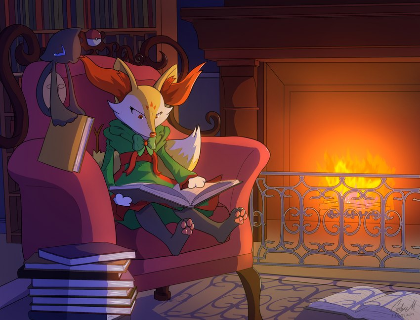 3_fingers 3_toes book bookshelf chair clothing dress feet female fingers fireplace furniture open_book pawpads pokeball reading reading_book toes codyf0xx nintendo pokemon fan_character braixen canid canine fox generation_5_pokemon generation_6_pokemon mammal pokemon_(species) yamask hi_res