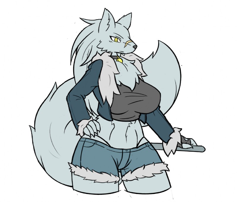 anthro big_breasts bottomwear breasts chest_tuft clothing collar exposure_variation eyebrows female fingerless_gloves fluffy fluffy_tail fur gloves grey_body grey_fur hair hand_on_hip handwear jacket long_hair midriff muscular muscular_anthro muscular_female navel scar shorts simple_background solo tail thick_thighs thong topwear tuft underwear white_background wide_hips yellow_eyes rakkuguy velvela canid canine canis mammal wolf