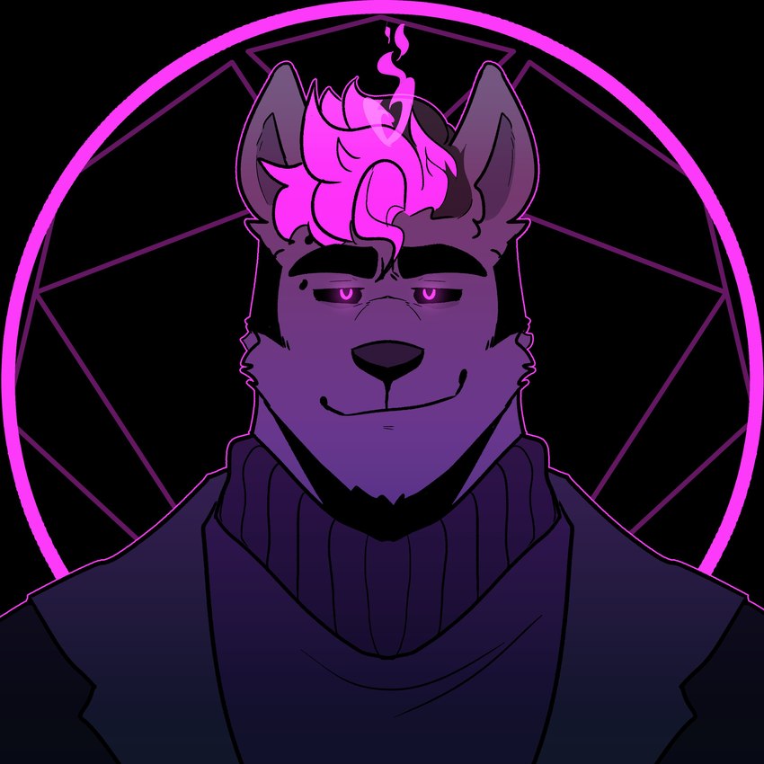 abstract_background anthro black_eyebrows black_sclera clothed clothed_anthro clothed_male clothing eyebrows front_view glowing glowing_eyes hair male pink_eyes purple_clothing purple_eyes purple_sweater purple_topwear simple_background smile smirk solo sweater topwear melaisen sebastian_(melaisen) canid canine demon mammal 1:1 2022 absurd_res bust_portrait digital_drawing_(artwork) digital_media_(artwork) hi_res portrait