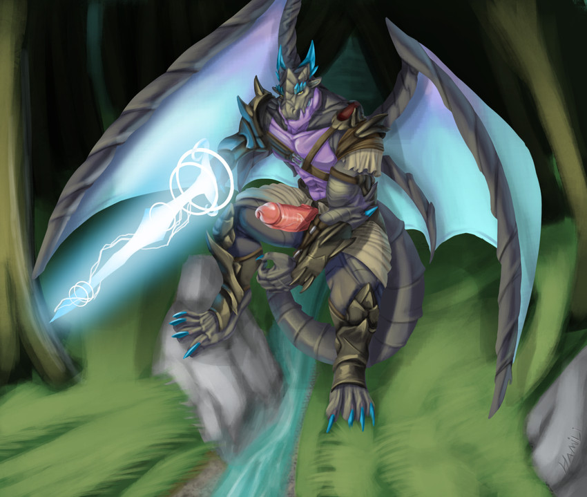 anthro armor claws clothing erection forest genitals horn lake looking_at_viewer male membrane_(anatomy) membranous_wings muscular muscular_anthro muscular_male pecs penis plant rock solo tail tree warrior weapon wings hamili mythology dragon mythological_creature mythological_scalie scalie