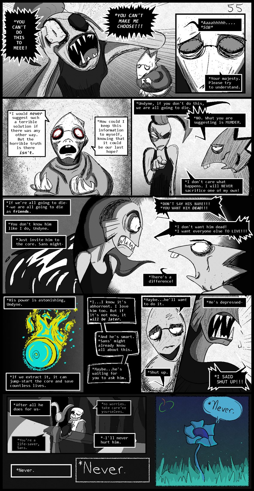 alternate_universe bloodshot_eyes bone buckteeth clothing dialogue duo eye_patch eyewear female glasses hair open_mouth skeleton speech_bubble teeth text sour-apple-studios horrortale undertale undertale_(series) alphys sans_(undertale) undyne animal_humanoid animated_skeleton boss_monster_(undertale) fish fish_humanoid humanoid lizard marine marine_humanoid reptile scalie undead comic english_text hi_res