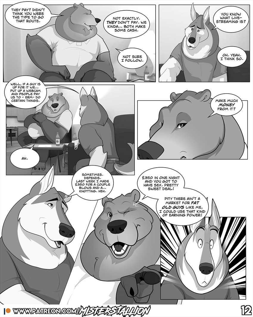 anthro bottle bottomwear clothed clothing container dialogue duo eyebrows fur furgonomics gesture hand_gesture male open_mouth pants patreon_logo pointing shirt sitting speech_bubble teeth text topwear misterstallion patreon ardent_(misterstallion) calvin_(misterstallion) bear canid canine canis mammal wolf 4:5 comic english_text greyscale hi_res monochrome url