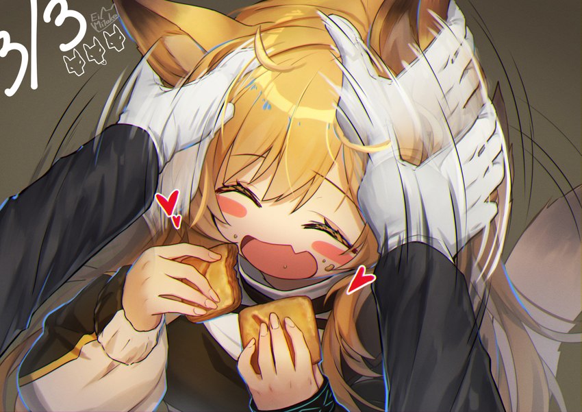 blonde_hair blush blush_stickers clothed clothing dessert duo ear_rub eyes_closed faceless_character faceless_male female food gloves hair handwear heart_symbol holding_food holding_object male motion_blur motion_lines open_mouth petted_silly petting solo_focus straynight arknights hypergryph studio_montagne ceobe_(arknights) animal_humanoid canid canid_humanoid humanoid mammal mammal_humanoid