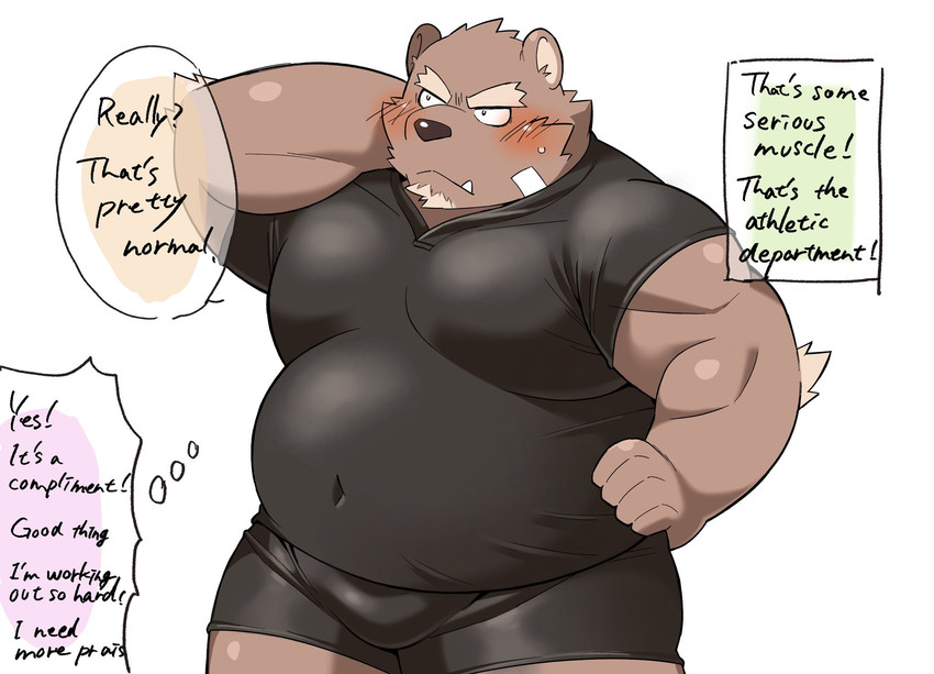 anthro belly blush bottomwear brown_body brown_fur clothing fur kemono male musclegut muscular overweight overweight_anthro overweight_male shirt shorts simple_background solo text topwear white_background diru11 bear mammal 2020 english_text hi_res