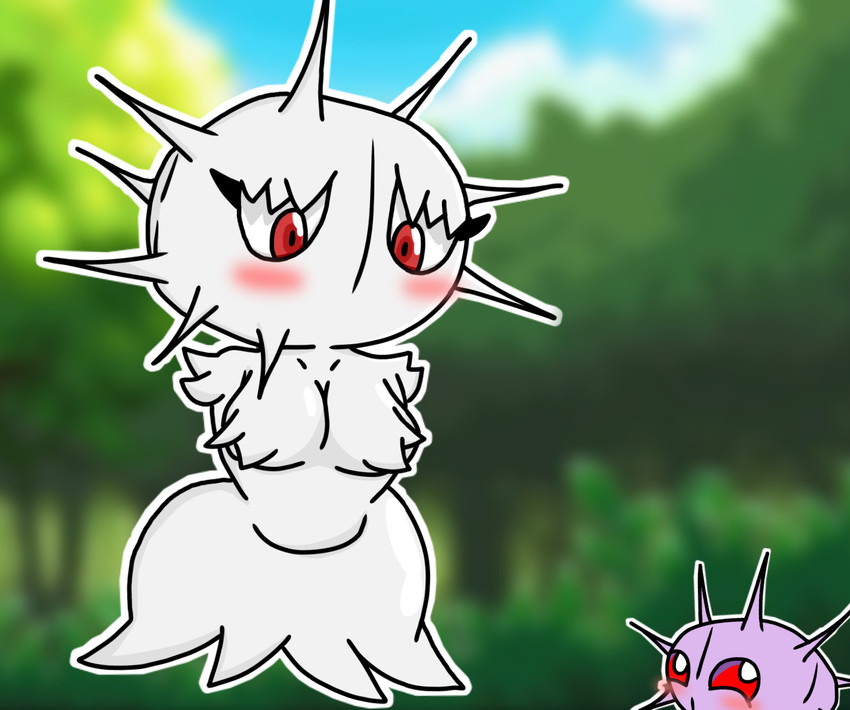 ambiguous_gender anthro anthrofied armless blush duo female fur legless limbless purple_body red_eyes spikes spikes_(anatomy) white_body white_fur wide_hips lewdewott nintendo pokemon arthropod cascoon generation_3_pokemon insect pokemon_(species) silcoon hi_res