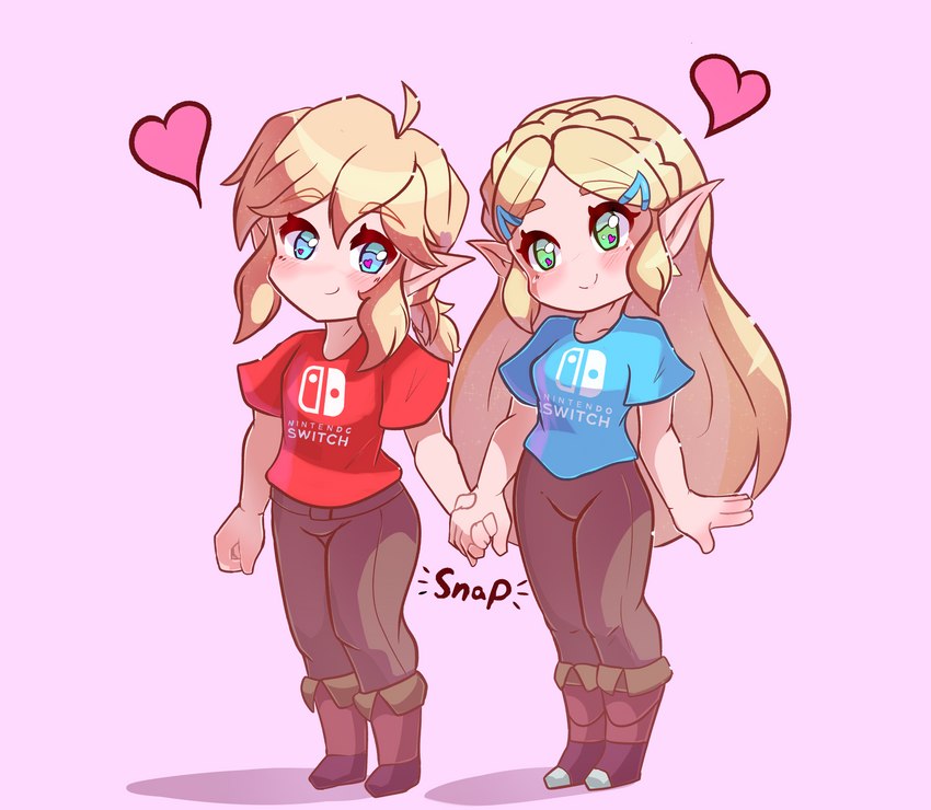 blonde_hair blue_eyes blush boots clothing duo fingers footwear green_eyes hair hand_holding heart_symbol humanoid_pointy_ears light_body light_skin long_hair not_furry pointy_ears shoes simple_background smile nin10ja nintendo the_legend_of_zelda link princess_zelda humanoid hylian 2022 absurd_res hi_res