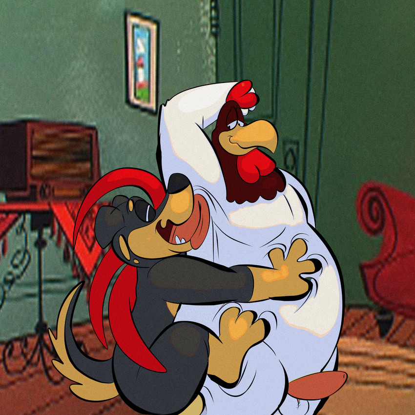 anthro armpit_fetish armpit_lick armpit_play balls beak black_body black_fur brown_body brown_fur duo feathers fur genitals licking looking_at_another male male/male penis red_body red_feathers smile tongue tongue_out white_body white_feathers joesanchez looney_tunes warner_brothers foghorn_leghorn gunner_rotthbauer avian bird canid canine canis chicken domestic_dog galliform mammal mastiff molosser phasianid rottweiler 1:1 digital_media_(artwork) hi_res