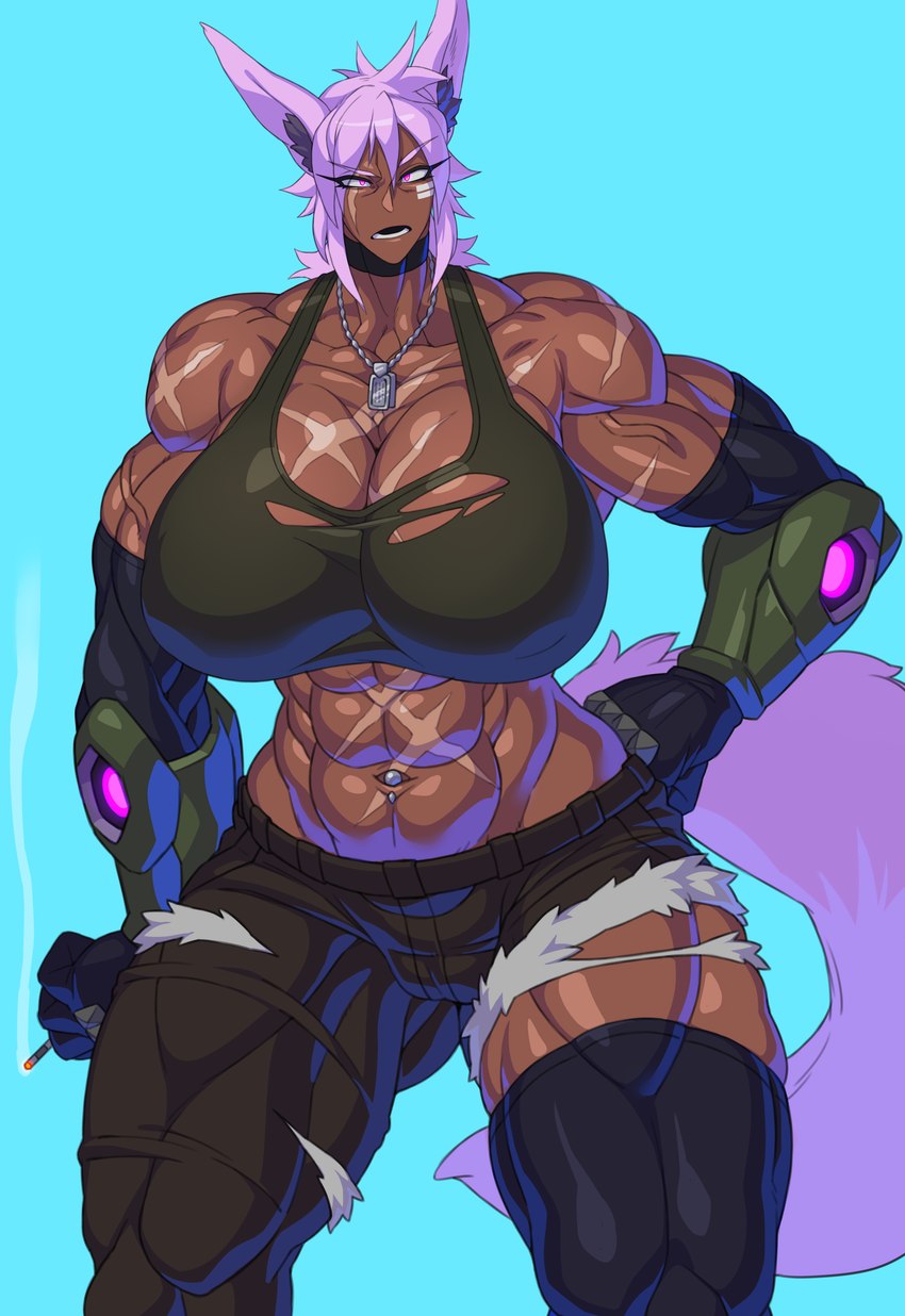 abs biceps big_breasts big_muscles bottomwear breasts brown_body brown_skin cigarette cleavage clothed clothing crop_top cybernetics dark_body dark_skin dog_tags facial_scar female gloves hair hand_on_hip handwear huge_breasts inner_ear_fluff legwear machine muscular muscular_female navel navel_piercing open_mouth pants piercing pink_eyes pink_hair quads scar shirt solo teeth thick_thighs thigh_highs topwear torn_bottomwear torn_clothing torn_pants tuft hutago dantera_lina animal_humanoid canid canid_humanoid canine canine_humanoid humanoid mammal mammal_humanoid wolf_humanoid absurd_res hi_res