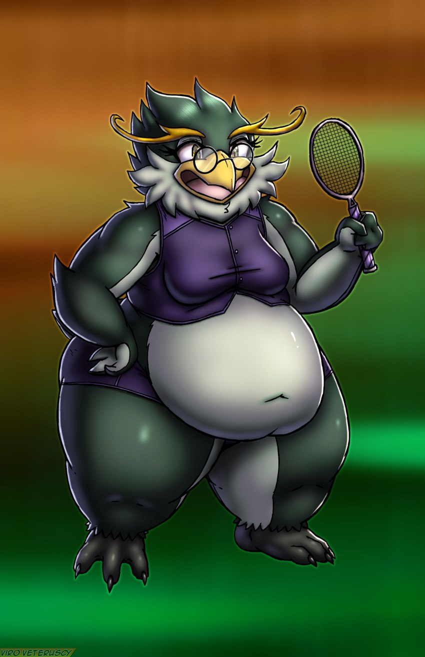 anthro beak belly bottomwear clothing deep_navel eyewear female glasses hand_on_hip navel obese overweight short_stack skirt solo tennis_racket thick_thighs topwear viroveteruscy world_gates zoey_pynt avian bird crested_penguin penguin rockhopper_penguin absurd_res digital_media_(artwork) hi_res