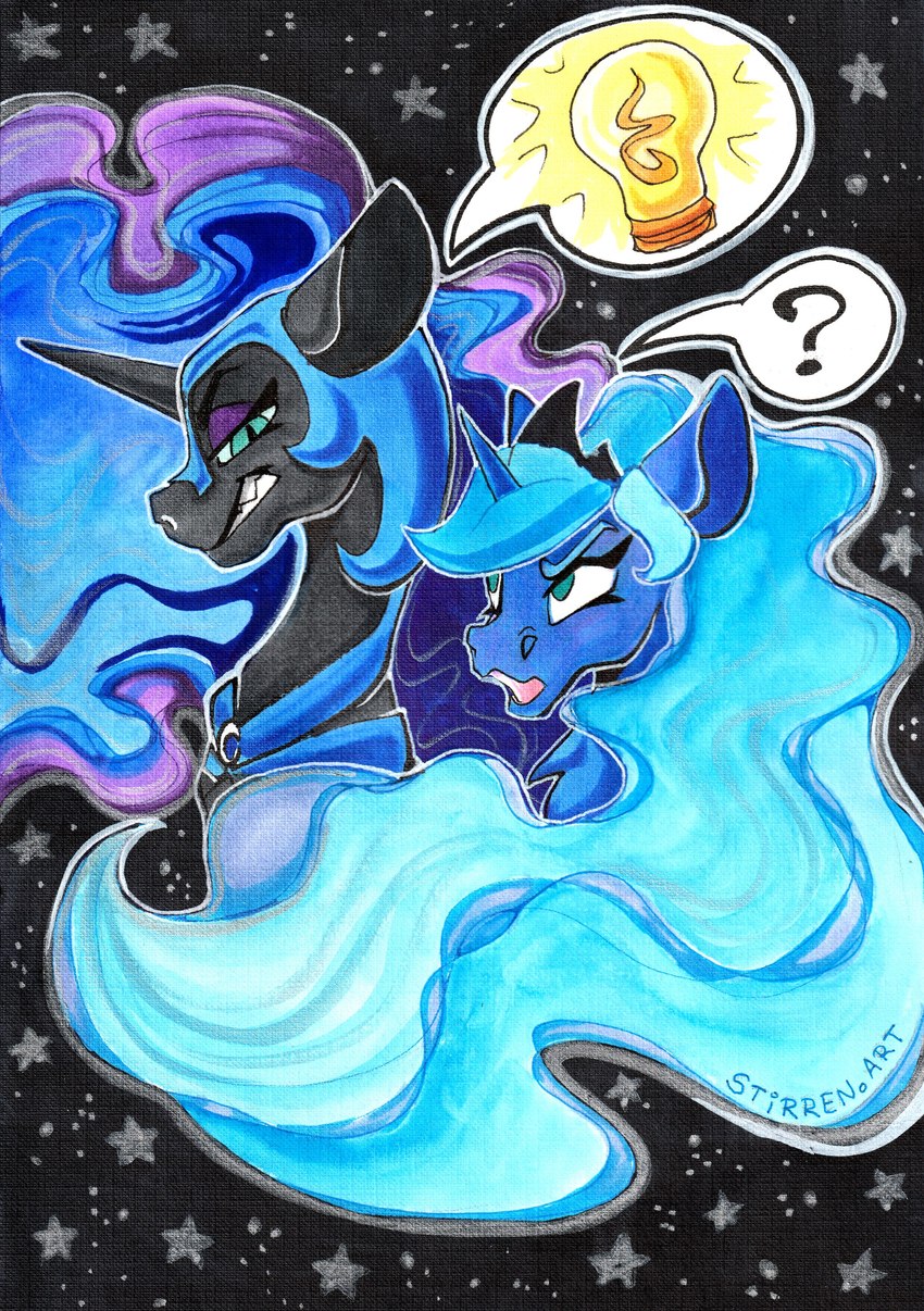 armor cosmic_background crown duo eye_contact female female/female feral grin hair headgear helmet horn long_hair long_mane looking_at_another night open_mouth sky smile speech_bubble star starry_background starry_sky wings stirren friendship_is_magic hasbro my_little_pony mythology nightmare_moon_(mlp) princess_luna_(mlp) equid equine mammal mythological_creature mythological_equine winged_unicorn absurd_res hi_res portrait traditional_media_(artwork)