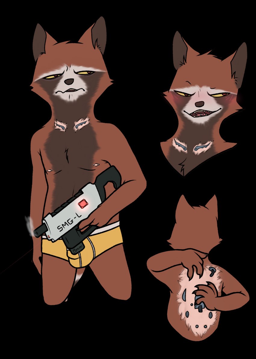 anthro blush brown_body brown_fur claws clothed clothing ears_up fur gun hair itch itching male nipple_piercing nipples open_mouth piercing ranged_weapon rear_view red_eyes smile solo submachine_gun text tired tired_eyes tongue tongue_piercing underwear weapon nate_foster guardians_of_the_galaxy marvel rocket_raccoon mammal procyonid raccoon alpha_channel digital_media_(artwork) english_text hi_res