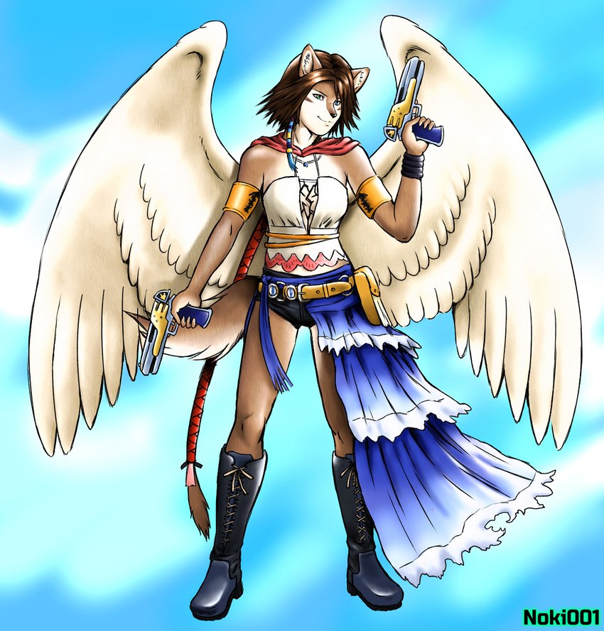 anthro belt blue_background blue_eyes boots brown_body brown_fur brown_hair clothing female footwear fur gun hair holding_object holding_weapon jewelry looking_at_viewer mouth_closed necklace ranged_weapon shoes simple_background smile solo standing tail weapon wings noki001 final_fantasy final_fantasy_x square_enix yuna_(final_fantasy_x) avian felid feline hybrid mammal digital_drawing_(artwork) digital_media_(artwork) hi_res