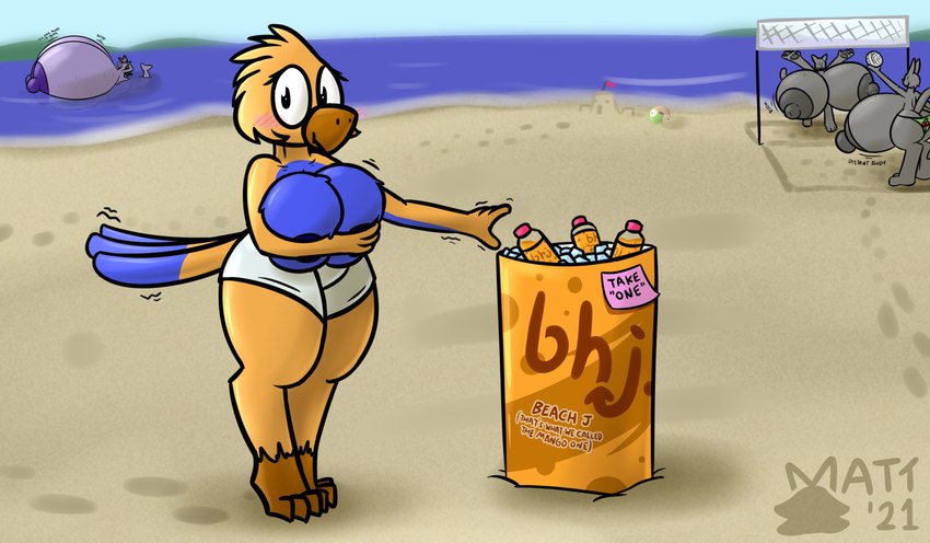 anthro beverage big_breasts blue_body blue_feathers blush bottomwear breasts clothed clothing covering covering_breasts covering_self detailed_background feathers feet female group huge_breasts hyper hyper_breasts nervous nude_beach shaking shy solo_focus sound_effects standing tail tail_feathers talons text toes topless topless_female wide_hips yellow_body yellow_feathers mattthetooncat background_character avian bird 2021 absurd_res english_text hi_res signature