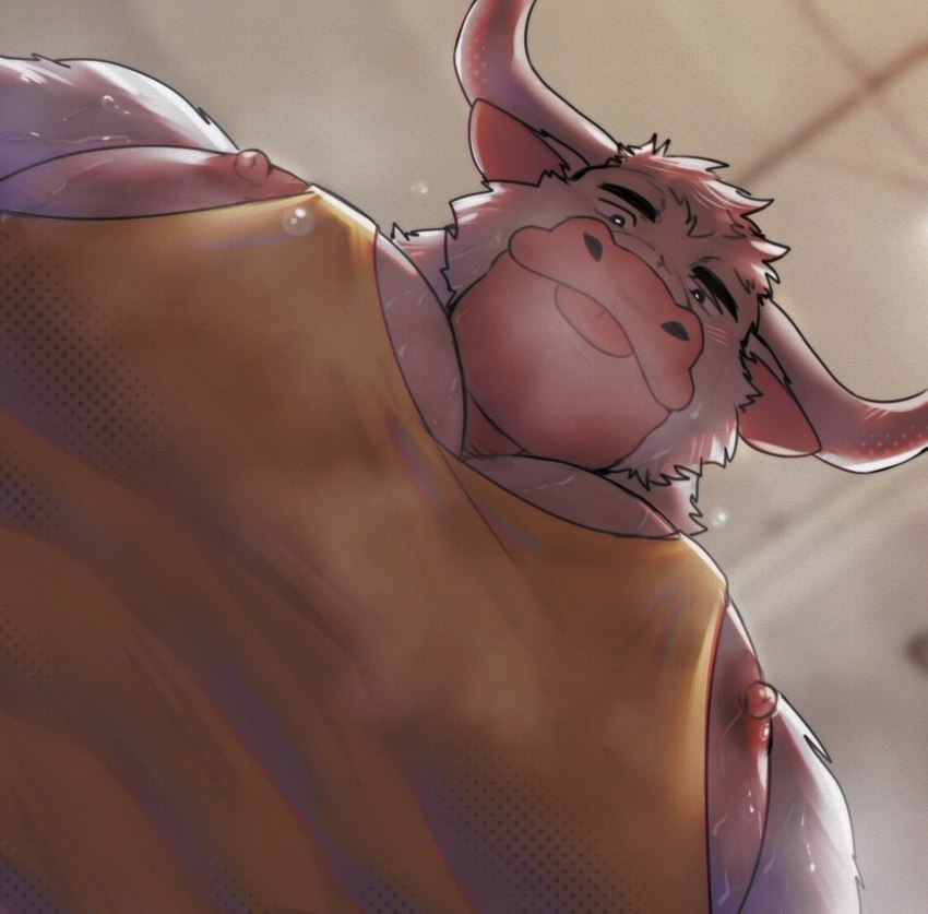 2_horns anthro bodily_fluids fur horn male muscular muscular_anthro muscular_male nipples pecs solo sweat tongue tongue_out white_body white_fur toragoru european_mythology greek_mythology minotaur_hotel mythology pec_pov_meme asterion_(minotaur_hotel) bovid bovine mammal minotaur hi_res