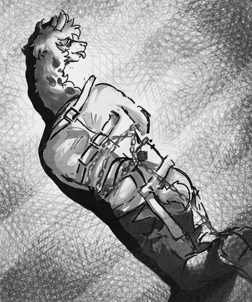 anthro bound chain chained eye_bags floor fullbody_straitjacket insane male restraints solo straitjacket jameslewis g_jamez alpaca camelid humanoid mammal black_and_white digital_media_(artwork) hi_res monochrome