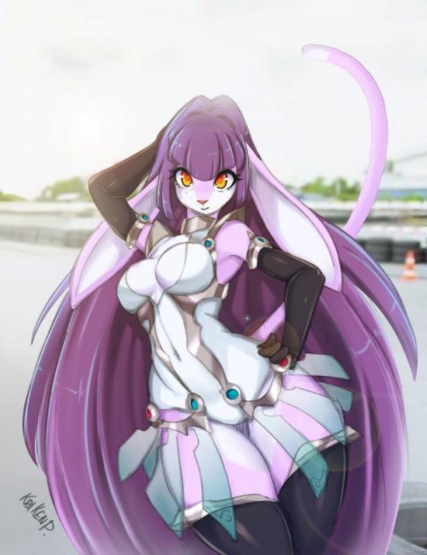 anthro breasts cleavage clothed clothing cosplay dress female gloves hair hand_behind_head hand_on_hip handwear legwear long_ears long_hair looking_at_viewer medium_breasts navel orange_eyes purple_hair race_queen solo text thigh_highs krakenparty vocaloid hatsune_miku hatsune_miku_append racing_miku racing_miku_(2013) tsuki_(tsooks) domestic_cat felid feline felis hybrid lagomorph leporid mammal rabbit 2020 english_text hi_res signature