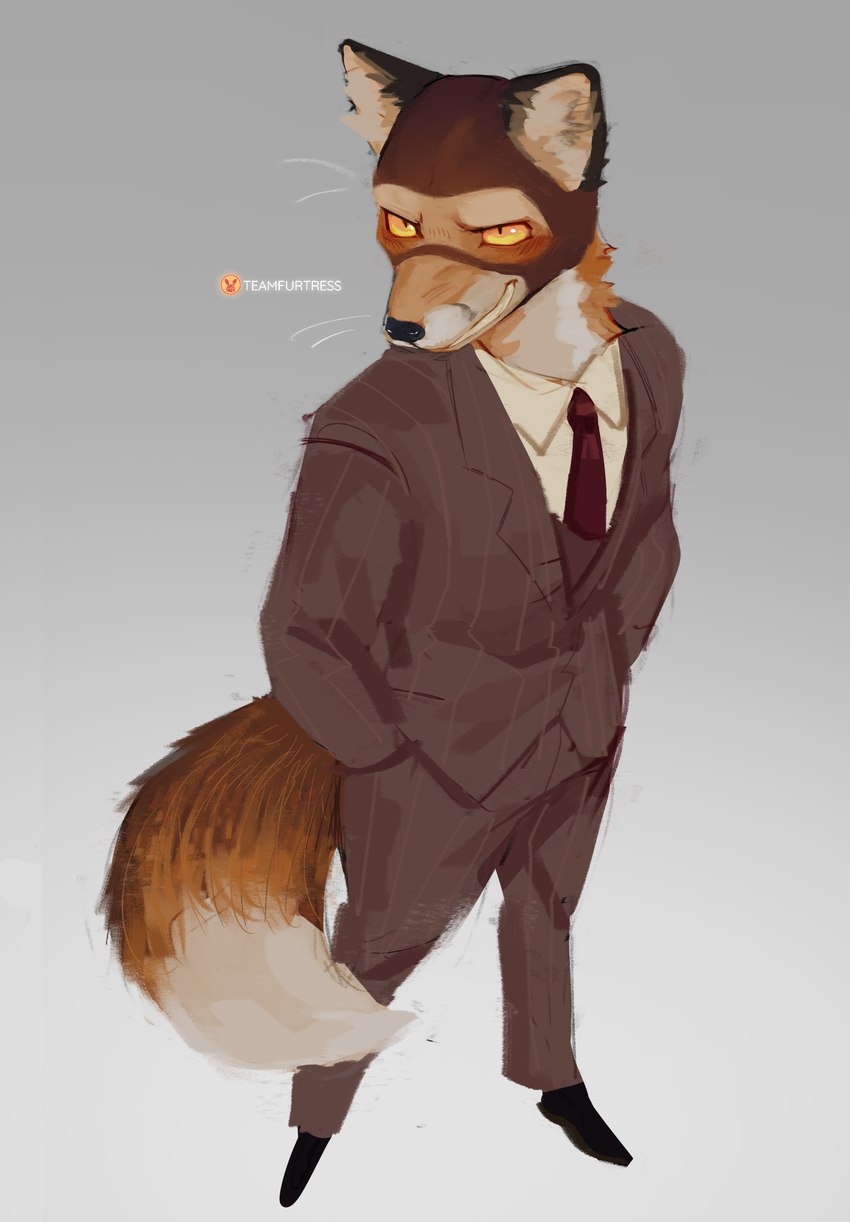 alternate_species anthro balaclava black_balaclava blush bottomwear clothed clothing fur furrification headgear male mask necktie orange_body orange_fur simple_background smile solo suit tail teamfurtress team_fortress_2 valve spy_(team_fortress_2) canid canine fox mammal red_fox true_fox absurd_res hi_res