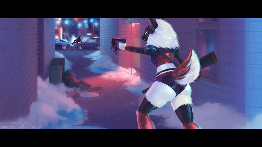 aiming aiming_at_another alley anthro armor big_butt butt car city city_background clothed clothing criminal duo female female_focus fluffy fluffy_tail fur gun lights looking_away machine midriff narrowed_eyes outside ranged_weapon rear_view screen screen_face skimpy snow solo_focus tail text thick_thighs urban vaulting vehicle weapon white_body white_fur winter erthy3d noisy_(redace83) protogen digital_media_(artwork) digital_painting_(artwork) hi_res painting_(artwork) url