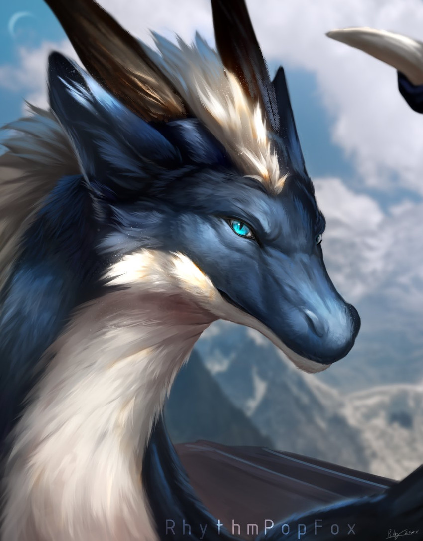 blue_body blue_eyes blue_fur blurred_background cloud detailed_background detailed_fur feral fur horn light male multicolored_body multicolored_fur outside sky smile solo text two_tone_body two_tone_fur white_body white_fur rhythmpopfox mythology dragon furred_dragon furred_scalie mythological_creature mythological_scalie scalie 2020 detailed hi_res lighting signature