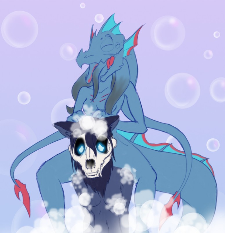 assisted_bathing bath bathing black_body black_fur black_hair bone bubble bubble_bath convenient_censorship duo female fur glowing glowing_eyes hair sitting skull skull_head victordantes scp_foundation fan_character marsh_(marshthemalo) scp-1128 scp-1471-a scp-1471-a-37 canid canine malo mammal marine monster undead 2019 censored