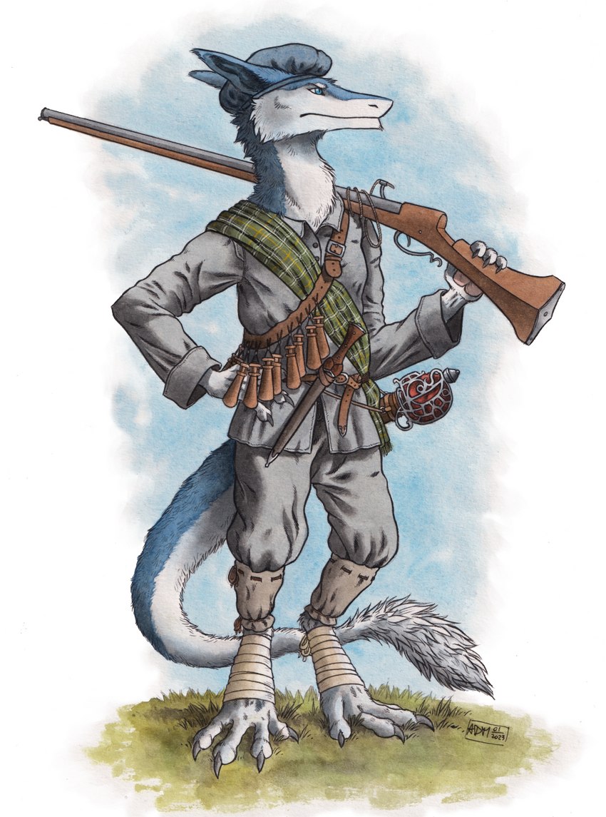 anthro baldric basket-hilted_sword belt blue_body blue_eyes blue_fur bollock_dagger bottomwear buckle claymore clothing dagger day fantasy feet foot_wraps fur gaiters grass grey_bottomwear grey_clothing grey_pants grey_shirt grey_topwear gun hat headgear headwear light looking_forward male matchlock melee_weapon outside pants plant ranged_weapon sash scabbard scottish scottish_broadsword shirt sky solo standing sunlight sword tail tail_tuft topwear tuft uniform weapon white_body white_fur wraps 0laffson slaevek sergal 2023 dated hi_res painting_(artwork) signature traditional_media_(artwork) traditional_painting_(artwork) traditional_watercolor_(artwork) watercolor_(artwork)