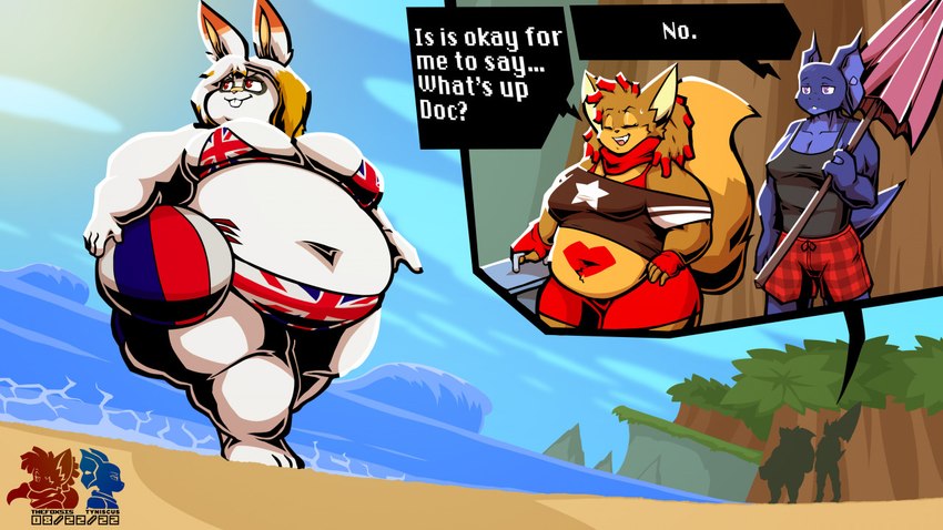 5_fingers anthro asking asking_another ball bangs beach beach_ball belly big_belly big_breasts bikini blue_body blue_scales bottomwear breasts brown_body brown_clothing brown_fur brown_hair brown_shirt brown_tail brown_topwear buckteeth chubby_cheeks clothing cloud day dialogue eyebrows eyes_closed fangs feet female fingerless_gloves fingers flag_bikini fur gloves group hair half-closed_eyes hand_on_hip handwear holding_object holding_umbrella hotpants inflatable inner_ear_fluff logo long_ears long_hair long_tail looking_at_another looking_away male multicolored_body multicolored_clothing multicolored_fur multicolored_hair multicolored_scales muscular muscular_anthro muscular_male narrowed_eyes navel obese obese_anthro obese_female open_mouth orange_eyes orange_nose outside overweight overweight_anthro overweight_female pattern_bottomwear pattern_clothing pink_tongue pink_umbrella plaid plaid_bottomwear plaid_clothing plant ponytail purple_eyes red_bottomwear red_clothing red_hair red_hotpants red_shorts rock sand scales seaside shirt shorts silhouette sky smile smirk speech_bubble swimming_trunks swimwear tail tank_top teeth text thick_thighs tongue topwear trio tuft two-piece_swimsuit umbrella union_jack union_jack_bikini walking water wave white_body white_fur white_hair wide_hips thefoxsista mythology nintendo pokemon christina_abigail_morgan kj_starpaw tyne_viscardi canid canine dragon fennec_fox fox generation_8_pokemon lagomorph mammal mythological_creature mythological_scalie pokemon_(species) reptile scalie scorbunny true_fox 16:9 2022 artist_logo artist_name colored digital_drawing_(artwork) digital_media_(artwork) english_text shaded widescreen